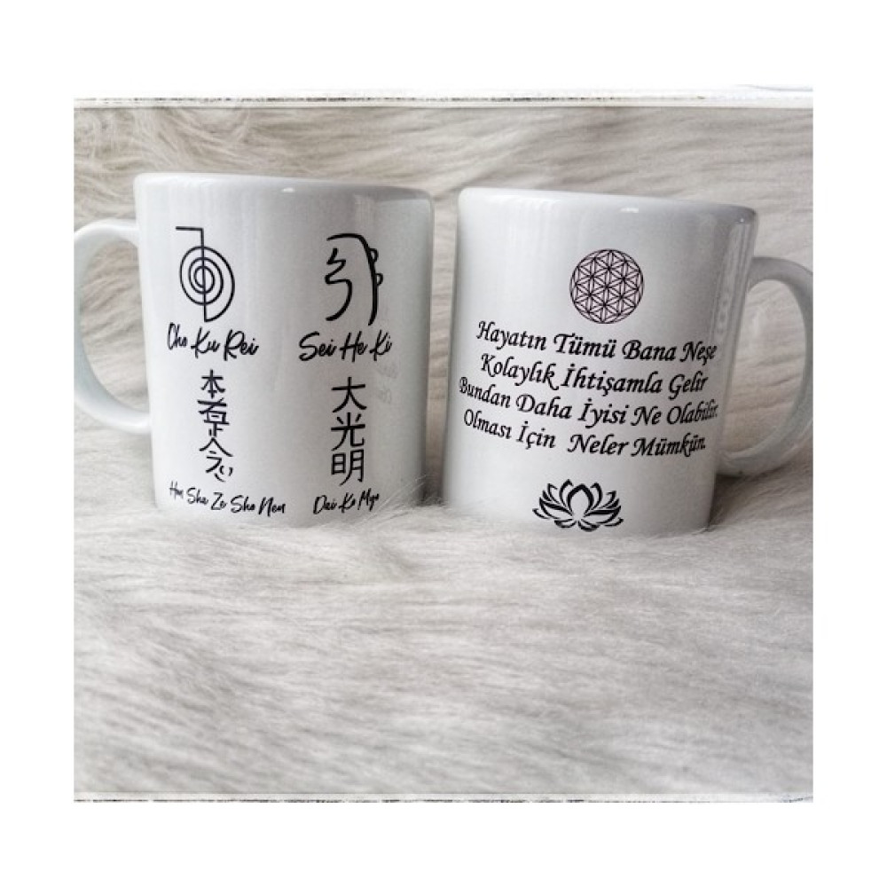 Zeyn Reiki Sembol Porselen Çift Tarafı Yazılı Kupa Bardak - Beyaz Fincan / Bardak / Kahve Takımı Fiyatı