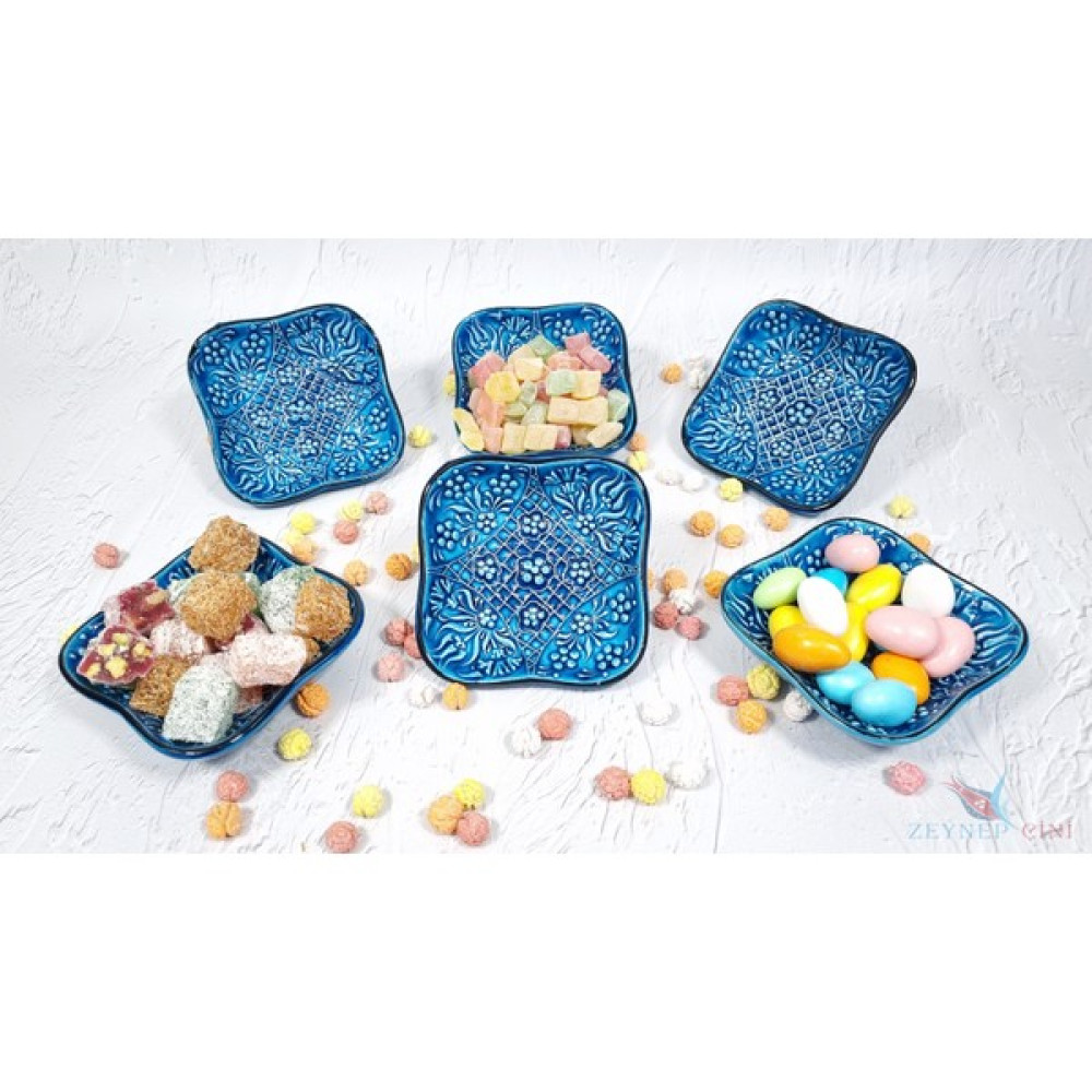 Zeynep Çini Seramik Çerezlik Kare Kase 10CM 6lı Set Mavi Çerezlik Kase Baharatlık Kase Reçellik Kase Mezelik Kase Fiyatı
