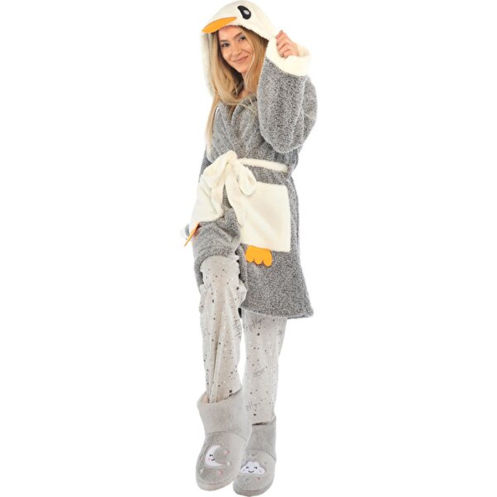 Zeynep Tekstil Penguen Nakışlı Kapşonlu Wellsoft Peluş Bornoz L/XL - L - XL - Renkli Bornoz Fiyatı