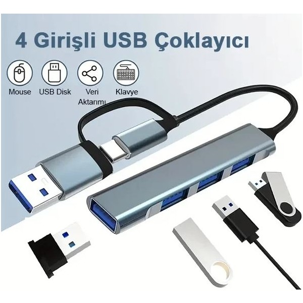 Zeyosqar Type C USB Çoklayıcı 3.0 USB Çoğaltıcı 4 Port Hem Type C Hem USB Girişli Bilgisayar Çevirici ve Adaptörü Fiyatı