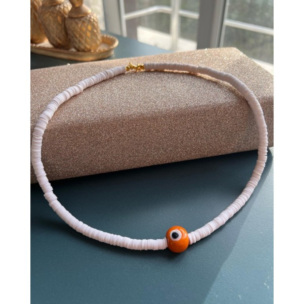 Zeze Takı Tasarım Beyaz Fimo Kolye - Beyaz - Turuncu - 45 CM Bijuteri Kolye Fiyatı