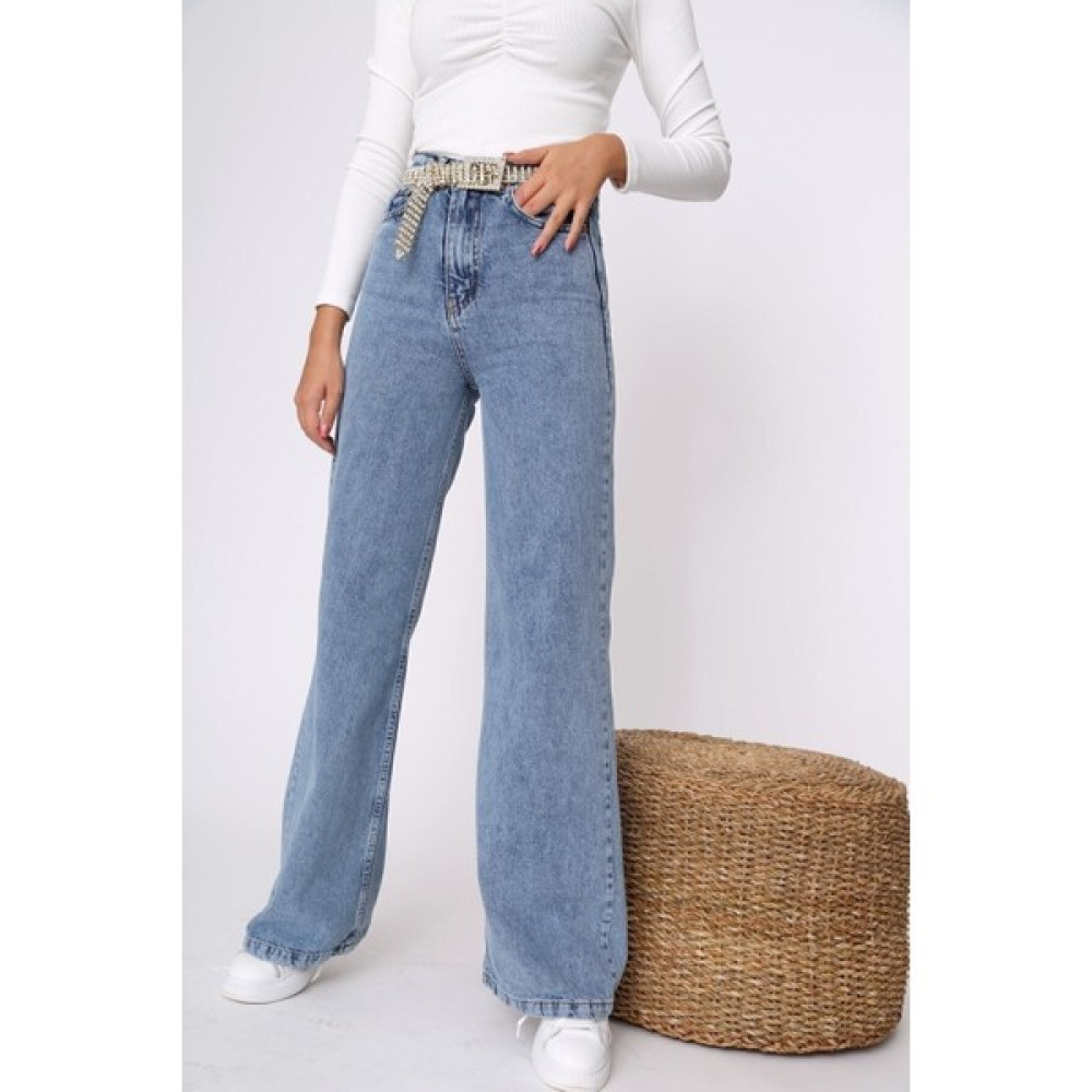 Zf Butik Kadın Orta Mavi Likralı Süper Yüksek Bel Geniş Paça Jean Bayan Jeans / Kot Pantolon Fiyatı