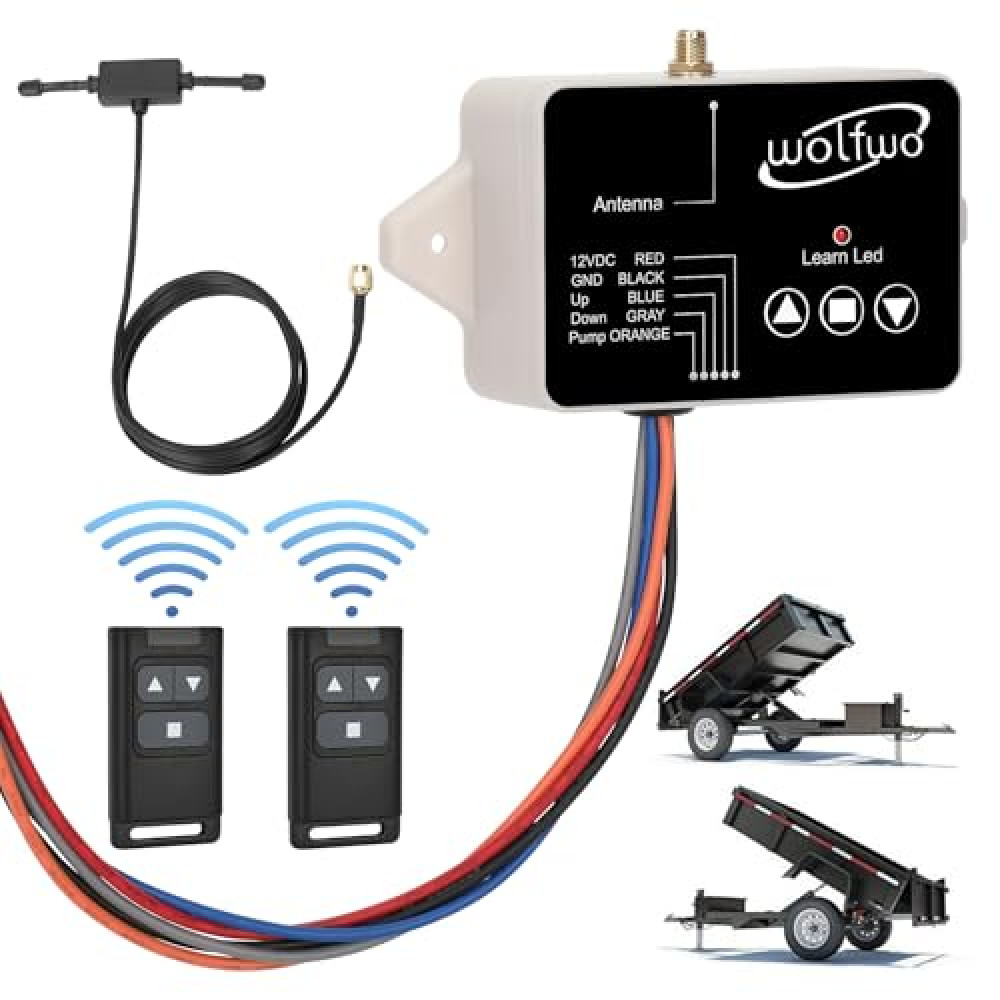 Zhangmengge Wolfwo Dump Trailer Wireless Remote Controller, for 3-Wire/4-Wire Hydraulic Dump Trailer. 100 Ft. Signal Distance, Safe and Efficient, Easy Installation, with 2 Wireless Remote Controls