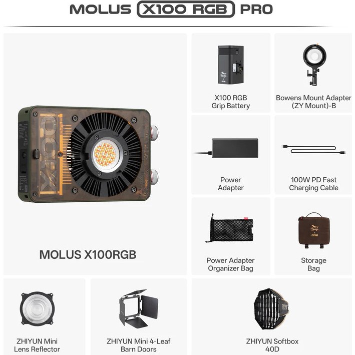 Zhiyun Molus X100 RGB COB Pro 100W Taşınabilir RGB Led Işık (Grip Batarya + DC Güç + Mini Reflektör) - Turuncu - Siyah Diğer Fiyatı