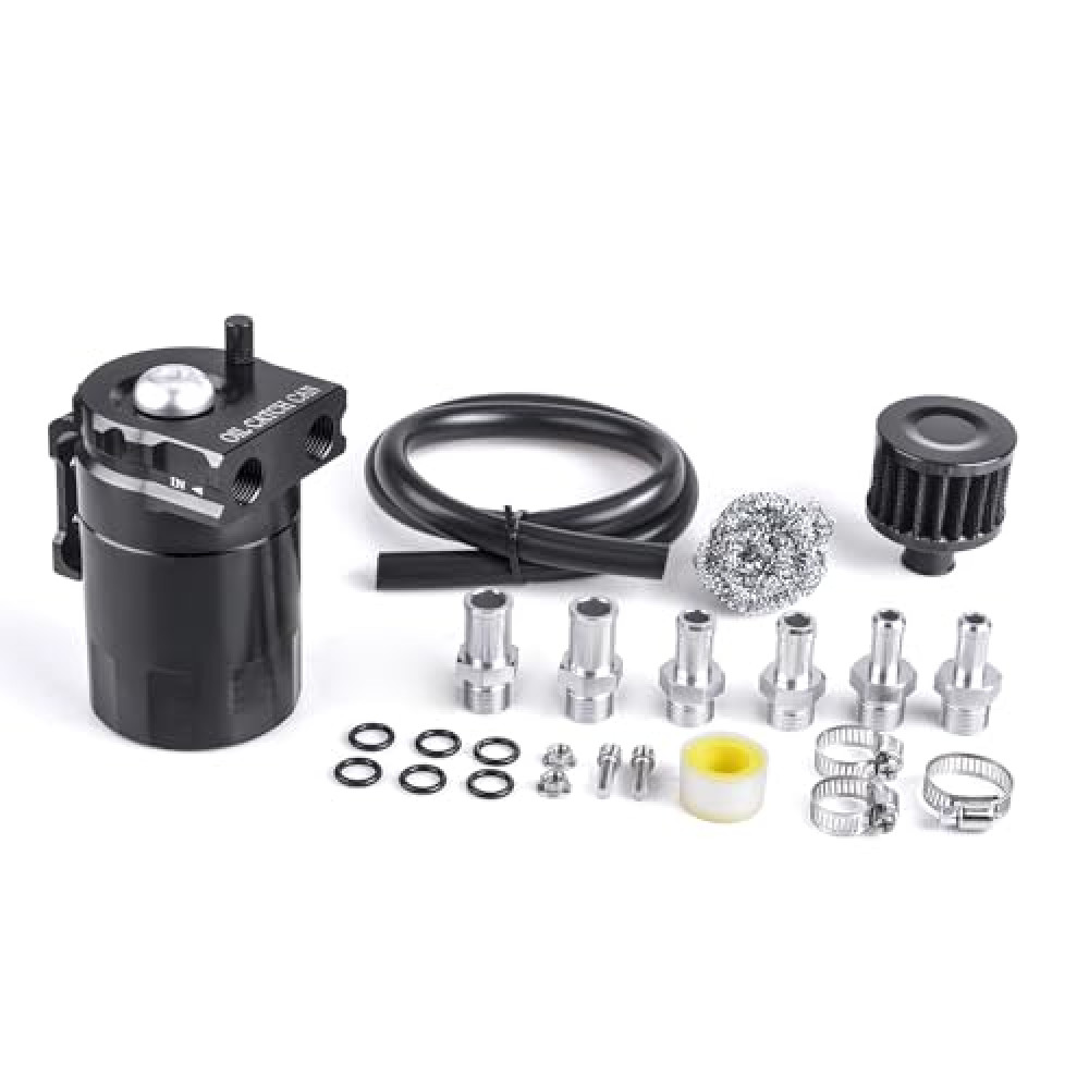 ZHSYMX Universal 300ml Aluminum Baffled Oil Separator Catch Can Kit with Air Filter 10MM 12MM 15MM Fitting Black