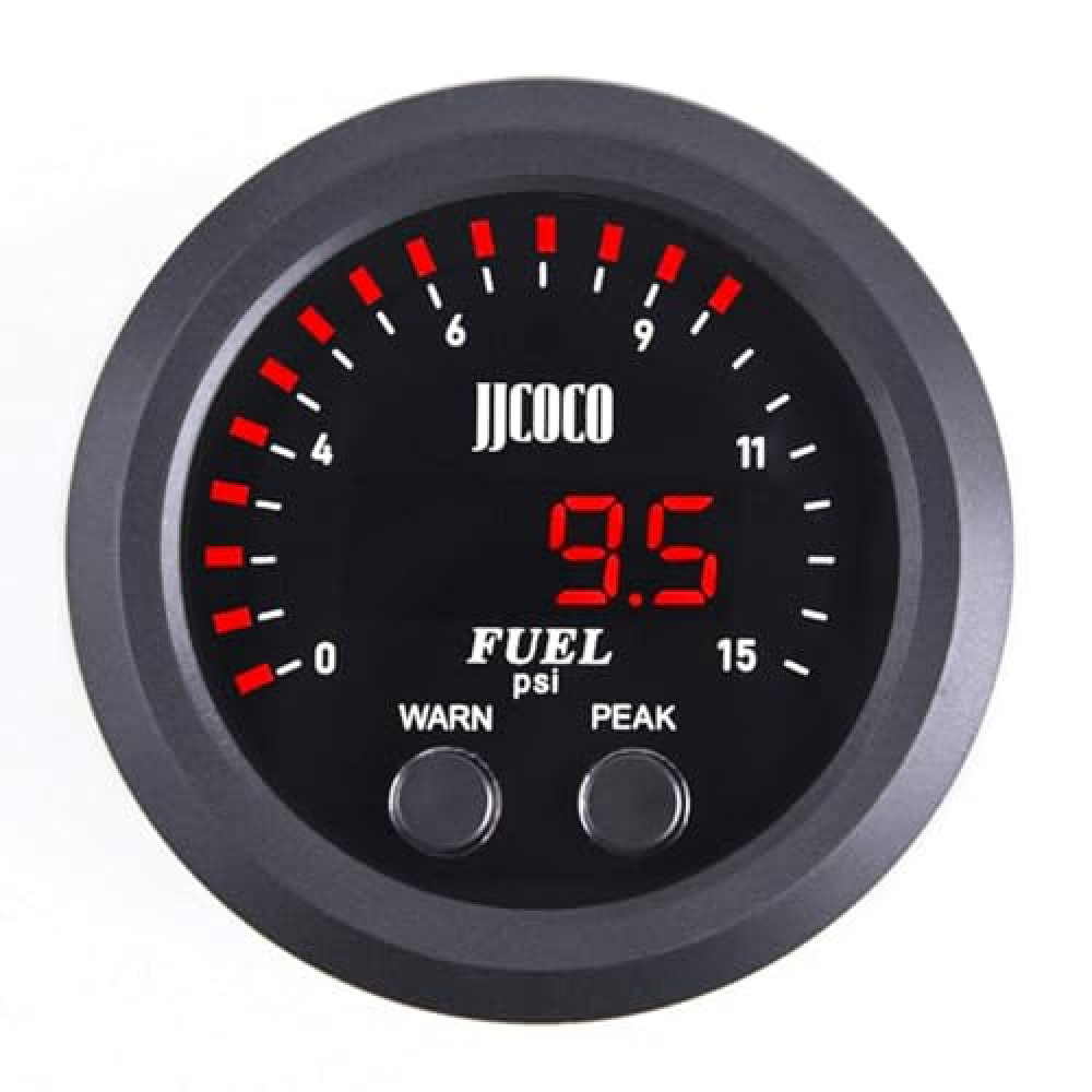 ZHSYMX Universal Fuel Pressure Gauge 2‑1/16in 52mm Ultraslim 15PSI Red LED DC12V-24V with Alarm and Electronic Sensor for Car & Truck