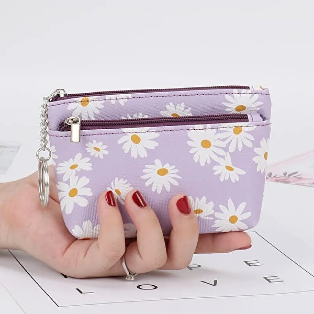 ZhuningShop3 Mor Tarzı Papatya Baskı Bozuk Para Cüzdanı Kadın Mini Cüzdan Fermuarlı Anahtarlık ile Debriyaj Küçük Bozuk Para Kesesi Çanta Kadın Kıl... Erkek Cüzdan Fiyatı