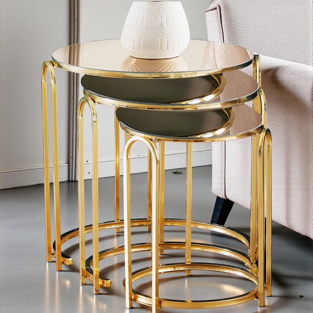 Zigon Sehpa Bronz Ayna Lenka Yuvarlak 3'lü Gold Metal Sedaş-Lenka-Zigon-Gold - BEYAZ Yan Sehpa Fiyatı