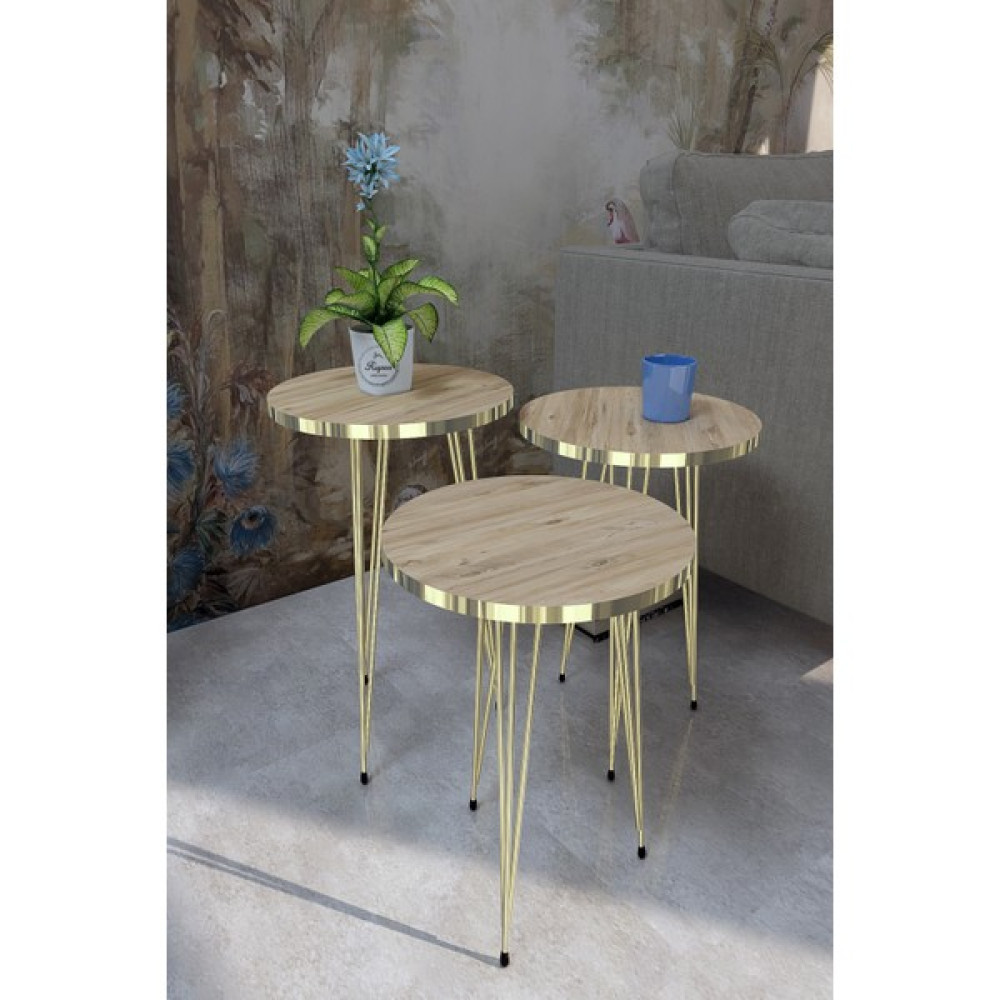 Zigon Sehpa Takımı Yuvarlak-Antik Çam Desenli-Gold Metal Ayak Zigon Sehpa Fiyatı