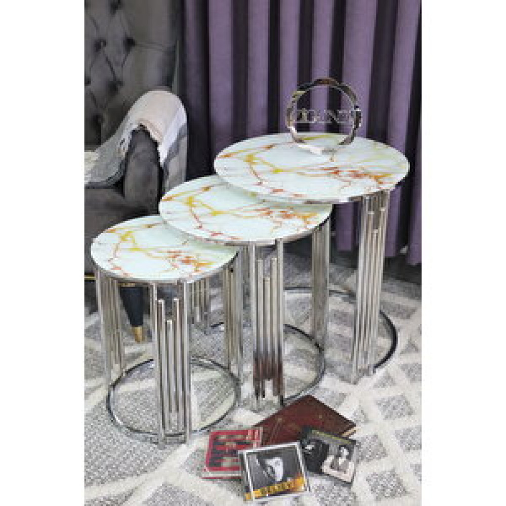 Zigonzi Gümüş Metal Sarı Mermer Desen Üçlü Zigon Sehpa Piyano Model Zigon Sehpa Fiyatı
