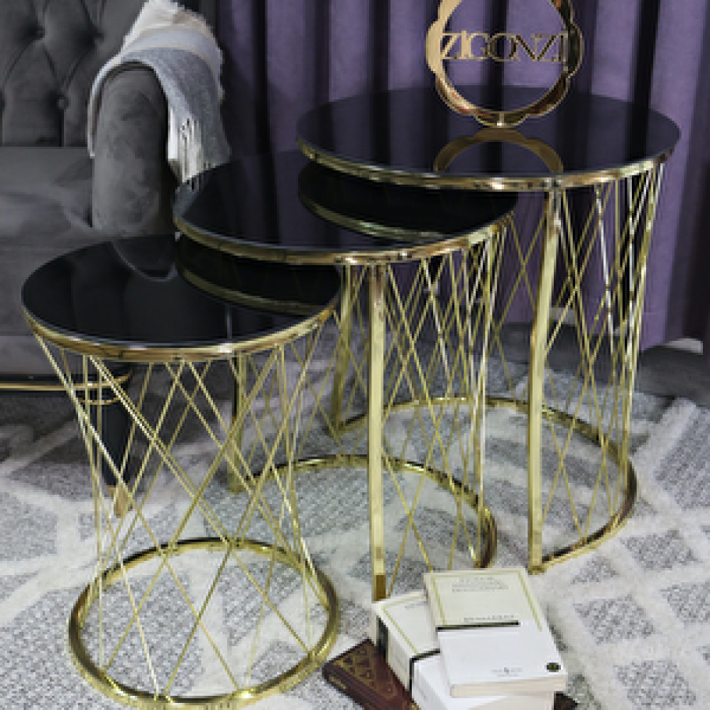 Zigonzi Hasır C, Üçlü, Gold Metal Siyah Cam Zigon Sehpa Fiyatı