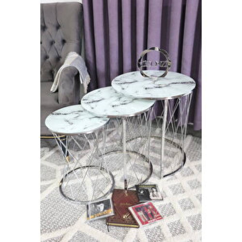Zigonzi Hasır Model C Zigon Sehpa, Gümüş Metal Beyaz Mermer Desen Zigon Sehpa Fiyatı