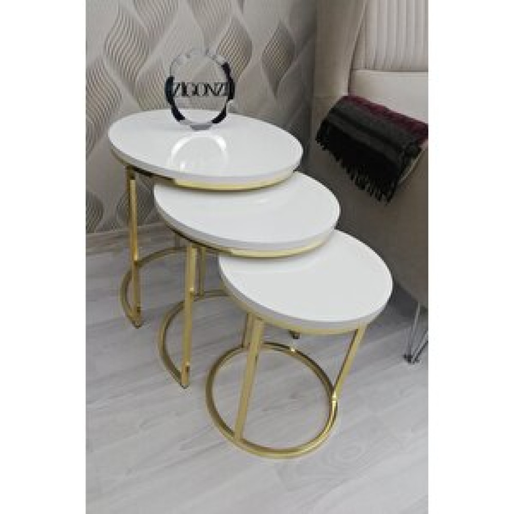 Zigonzi Lısa 3'lü Zigon Sehpa - Beyaz Ahşap Tabla - Gold Metal Ayak Zigon Sehpa Fiyatı