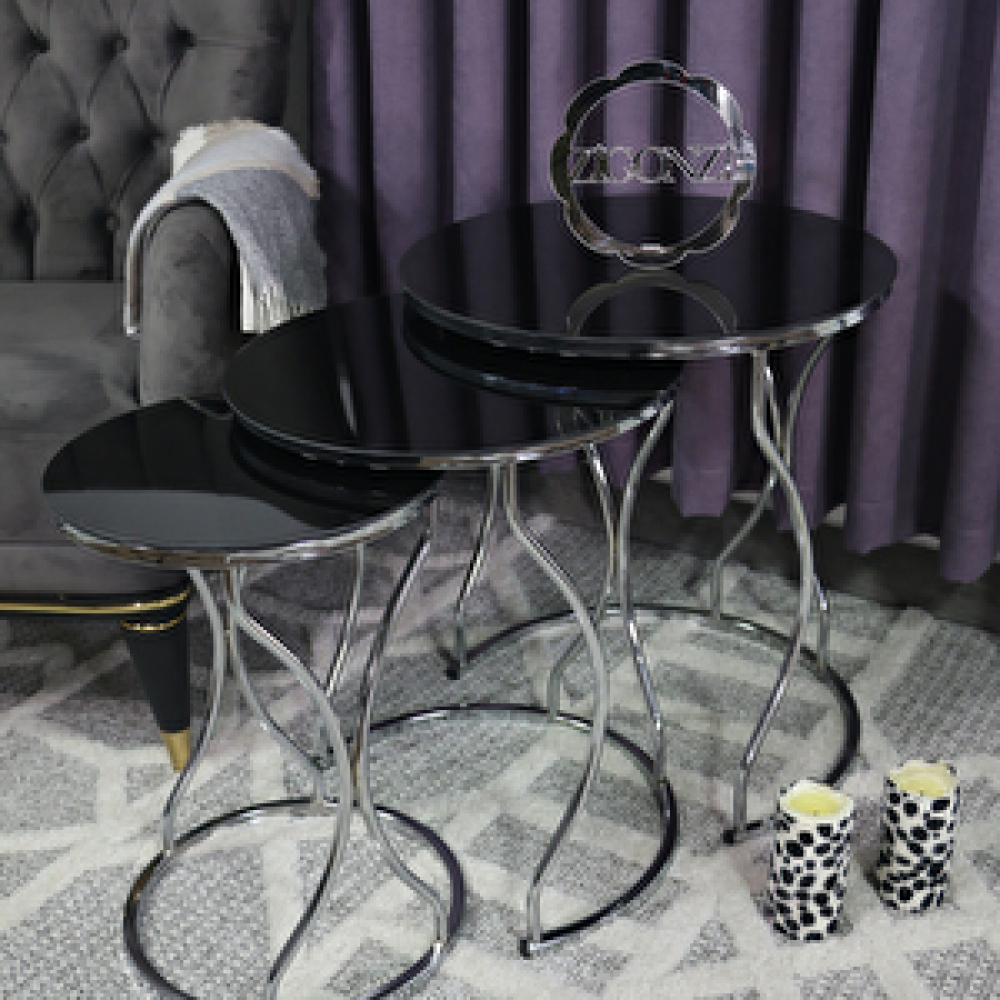 Zigonzi Rüya Model Siyah Camlı Gümüş Metal Üçlü Zigon Sehpa Fiyatı