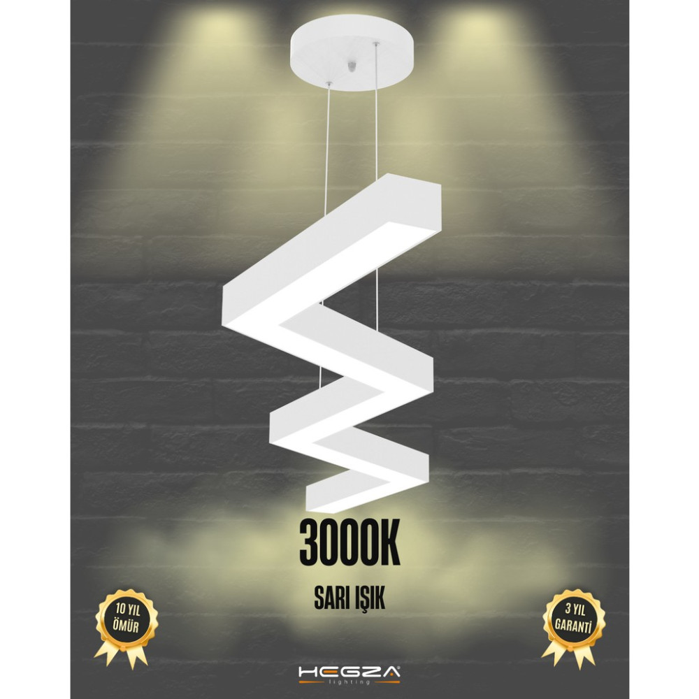 Zigzag (Beyaz Kasa, Sarı Işık) Ledli Modern Sarkıt LED Avize Salon Mutfak Oturma Odası Yatak Odası Antre Hol - Beyaz - Sarı Işık (3000K) Avize Fiyatı