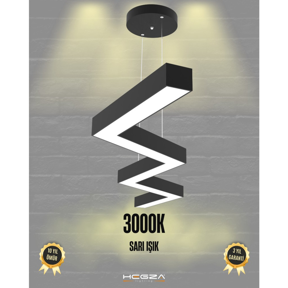 Zigzag (Siyah Kasa, Sarı Işık) Ledli Modern Sarkıt LED Avize Salon Mutfak Oturma Odası Yatak Odası Antre Hol LED - Siyah - Sarı Işık (3000K) Avize Fiyatı