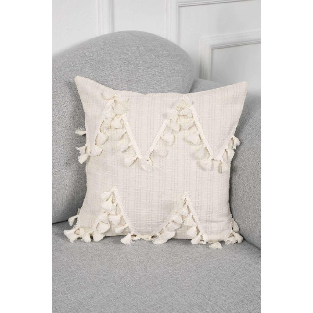 Zigzaglı Püskül Detaylı Kırlent KILIFI,K-200 - 45 x 45 cm - Krem Kırlent / Mobilya Yastığı Fiyatı