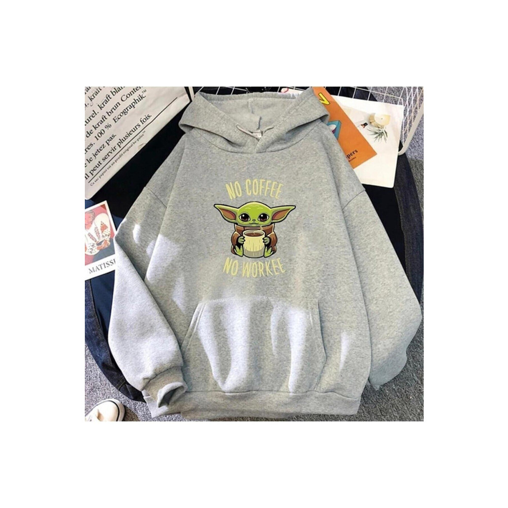 zip moda Baby Yoda No Coffee No Workee Baskılı Kapüşonlu Sweatshirt Hoodie 4XL Beden Bayan Sweatshirt Fiyatı