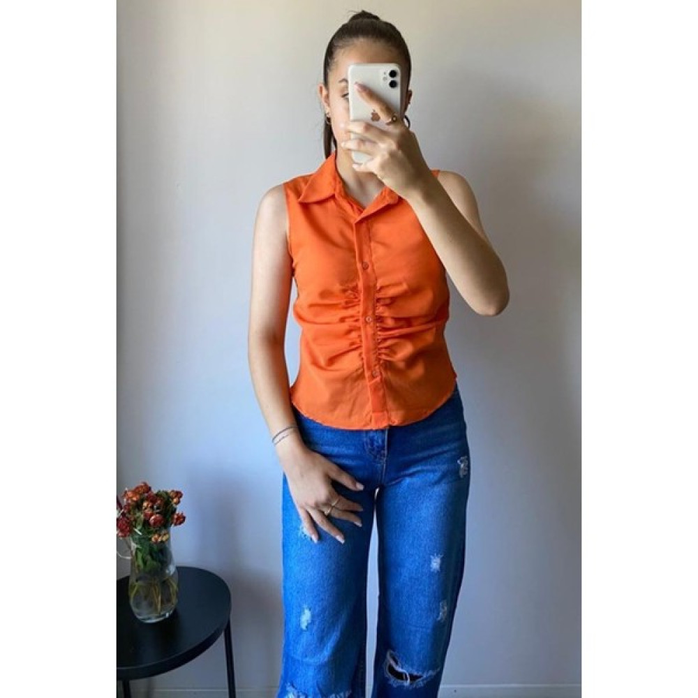 Ziwod Kısa Kollu Turuncu Crop Gömlek Kadın Gömlek Fiyatı