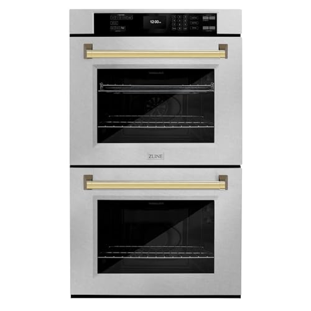 ZLINE 30 in. Autograph Edition Professional True Convection Double Wall Oven with Air Fry and Self Clean in DuraSnow® Stainless Steel with Polished Gold Handles (WADSZ-30-G)