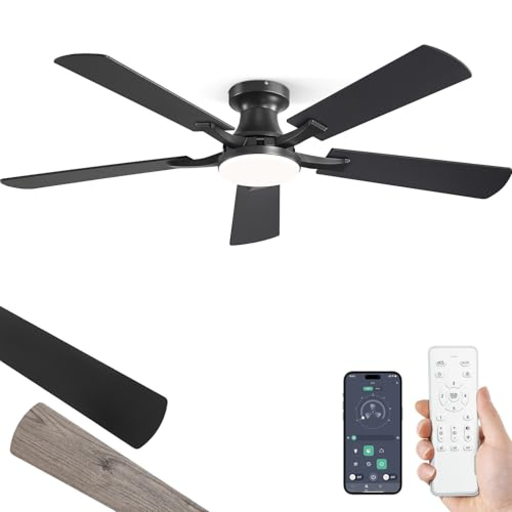 ZMISHIBO 52 Inch Ceiling Fan with Light, App&Remote Contorl, Flush Mount Low Profile, Dimmable 20W LED Light, Quiet Reversible Motor for Bedroom, Living Room, Apartment, Black