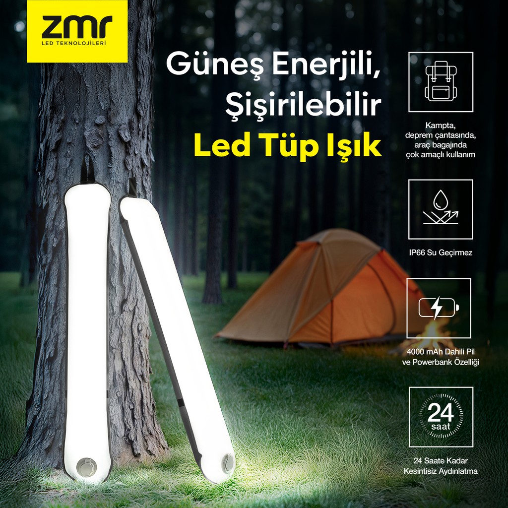 ZMR Light Tube LED Güneş Enerjili Şişirilebilir 4000MAH Bahçe, Kamp, Balkon Tüp Işık Diğer Fiyatı