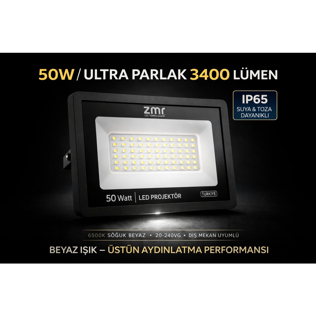 ZMR Lumıxa 50 W Ultra Slim LED Projektör (220V-6500K-3400LM)BEYAZ Işık Projeksiyon Fiyatı