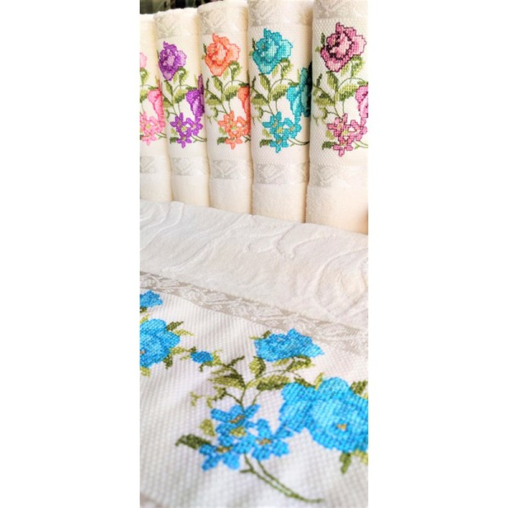 Z&N Style 50X90 Cm. Jakarlı Kanaviçe Nakışlı Çeyizlik Lüks Havlu Seti 6'lı (Açık Krem Havlu Üzeri) - 50 x 90 cm El / Yüz Havlusu Fiyatı