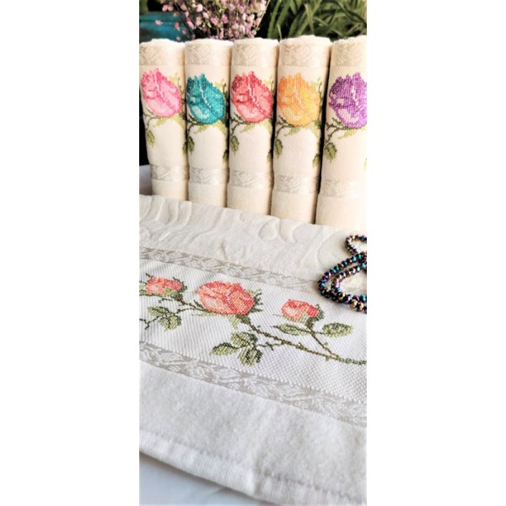 Z&N Style 50X90 Cm. Jakarlı Kanaviçe Nakışlı Çeyizlik Lüks Havlu Seti 6'lı (Açık Krem Havlu Üzeri) - Krem - Krem - 50 x 90 cm El / Yüz Havlusu Fiyatı