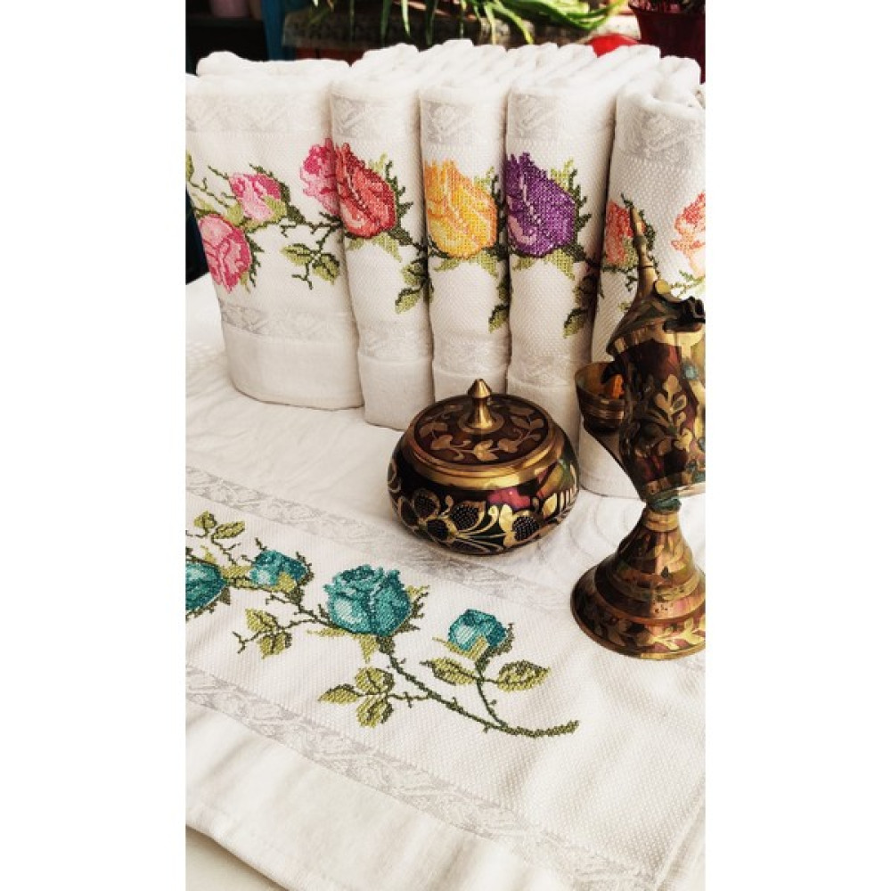 Z&n Style 50X90 Cm. Jakarlı Kanaviçe Nakışlı Çeyizlik Lüks Havlu Seti 6'lı - Renkli - 50 x 90 cm El / Yüz Havlusu Fiyatı