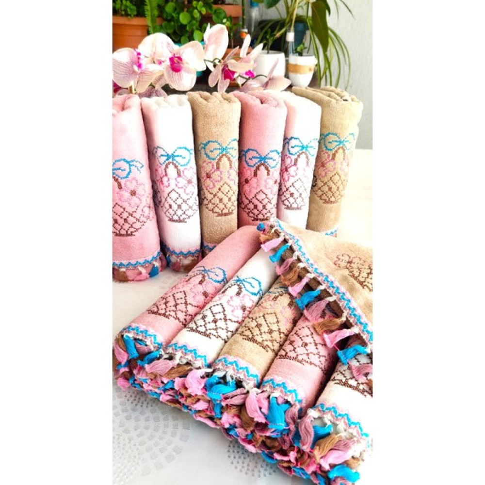Z&N Style Annem Kanaviçe Çiçek Desenli Püsküllü Kadife Havlu Seti 30X50 6 Adet 50X90 6 Adet Toplam 12 Li Set - 50 x 90 cm - 30 x 50 cm El / Yüz Havlusu Fiyatı