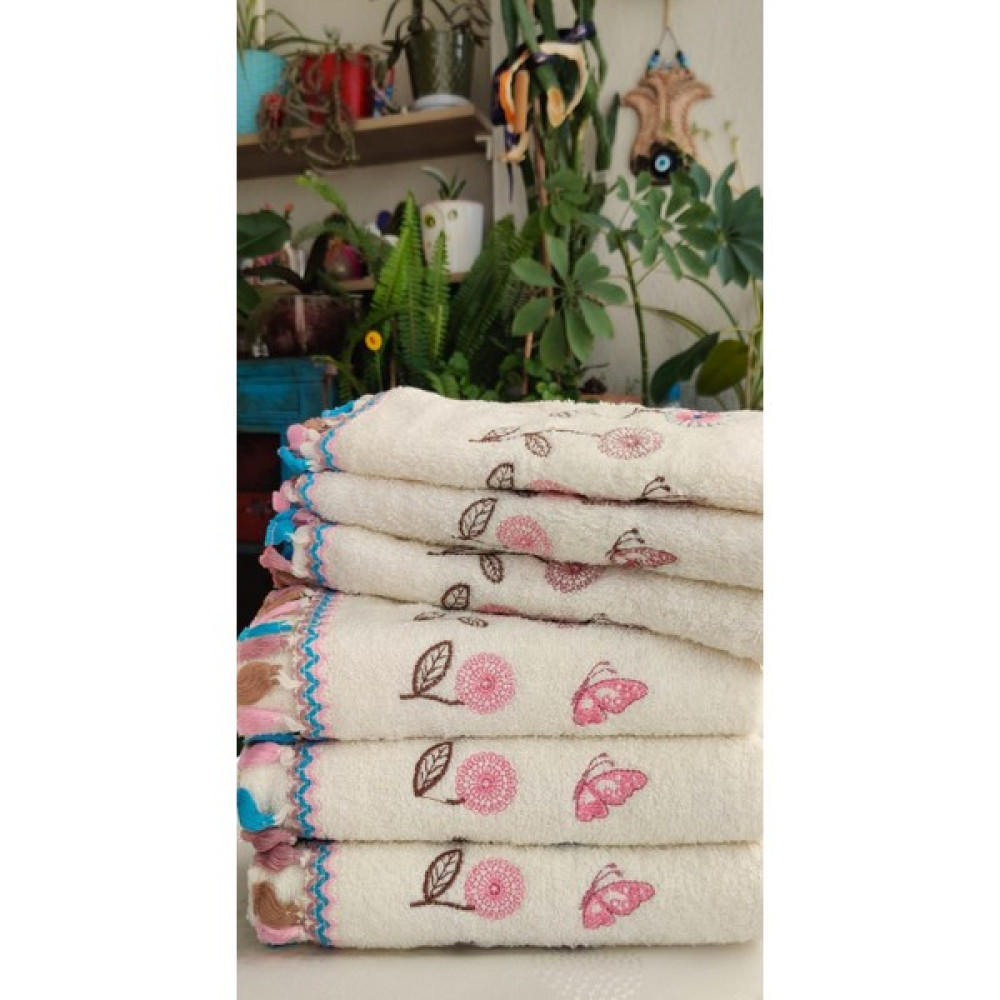 Z&N Style Bukle Çeyizlik Çiçek Kelebek Nakışlı, Püsküllü (50X90 3AD. 30X50 3AD.) 6'lı El ve Mutfak Havlu Seti - 50 x 90 cm - 30 x 50 cm - Çok Renkli El / Yüz Havlusu Fiyatı