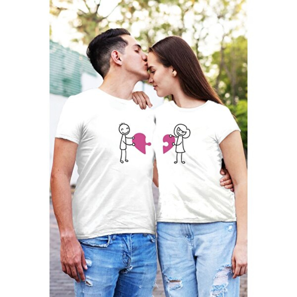Zoka Wear Yapboz Kalp ve Çiftler Baskılı Sevgili Çift Kombin Tişört (2li) Erkek T-shirt Fiyatı