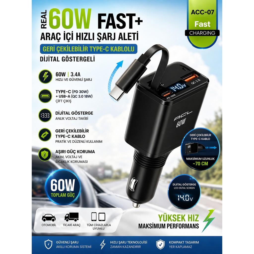 Zoli 60W Hızlı Şarj Araç Içi Şarj Aleti – Geri Çekilebilir Type-C Kablo, Dijital Göstergeli, Pd 30W + Qc 3.0 - Siyah Bilgisayar Çevirici ve Adaptörü Fiyatı