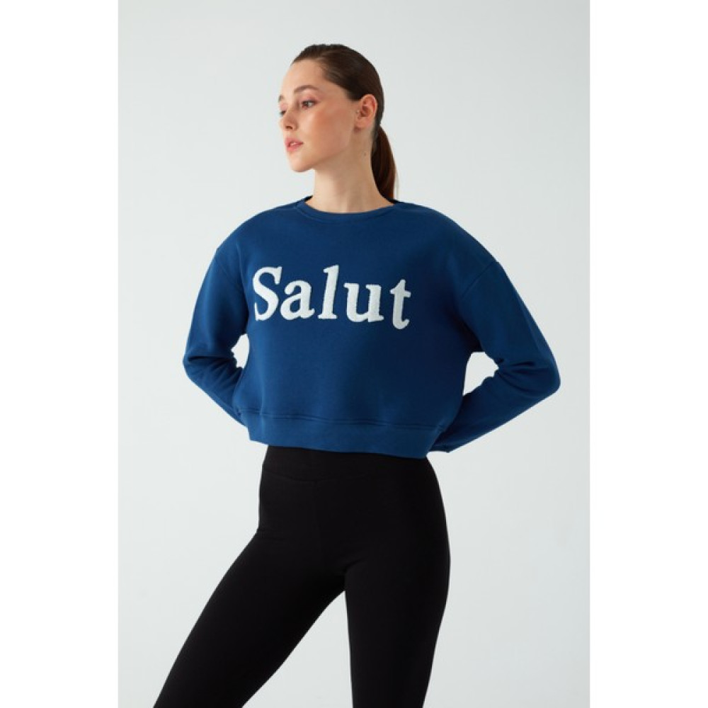 Zomers Kadın %100 Pamuk Salut Nakışlı 3 Iplik Lacivert Sweatshirt Bayan Sweatshirt Fiyatı