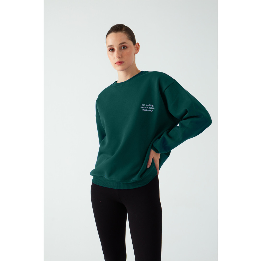 Zomers Kadın Bisiklet Yaka Içi Polarlı Nakışlı Oversize Yeşil Sweatshirt XS Beden Bayan Sweatshirt Fiyatı