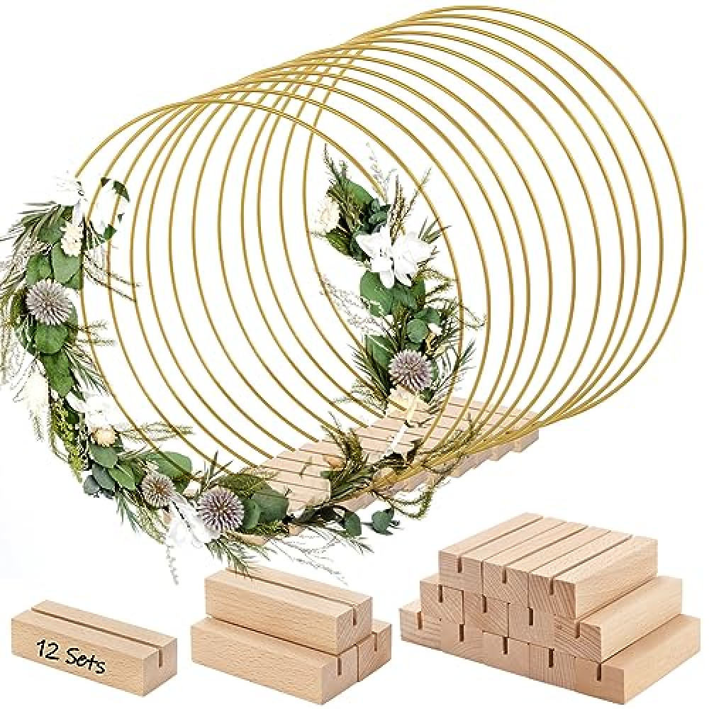 ZOOFOX 12 Pack Metal Floral Hoop Centerpiece with Stand, 12 Inch Large Metal Hoop for Crafts, Wreath Macrame Gold Hoop Rings for DIY Wedding Decor Dream Catcher