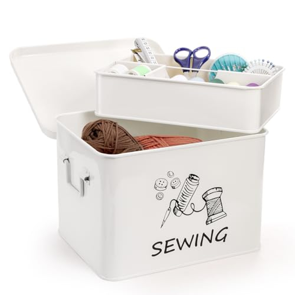 ZOOFOX Sewing Box with Removable Tray, Metal Sewing Box Organizer with Side Handles, Large White Farmhouse Sewing Basket for Sewing Supplies, Beads and Jewelry Making