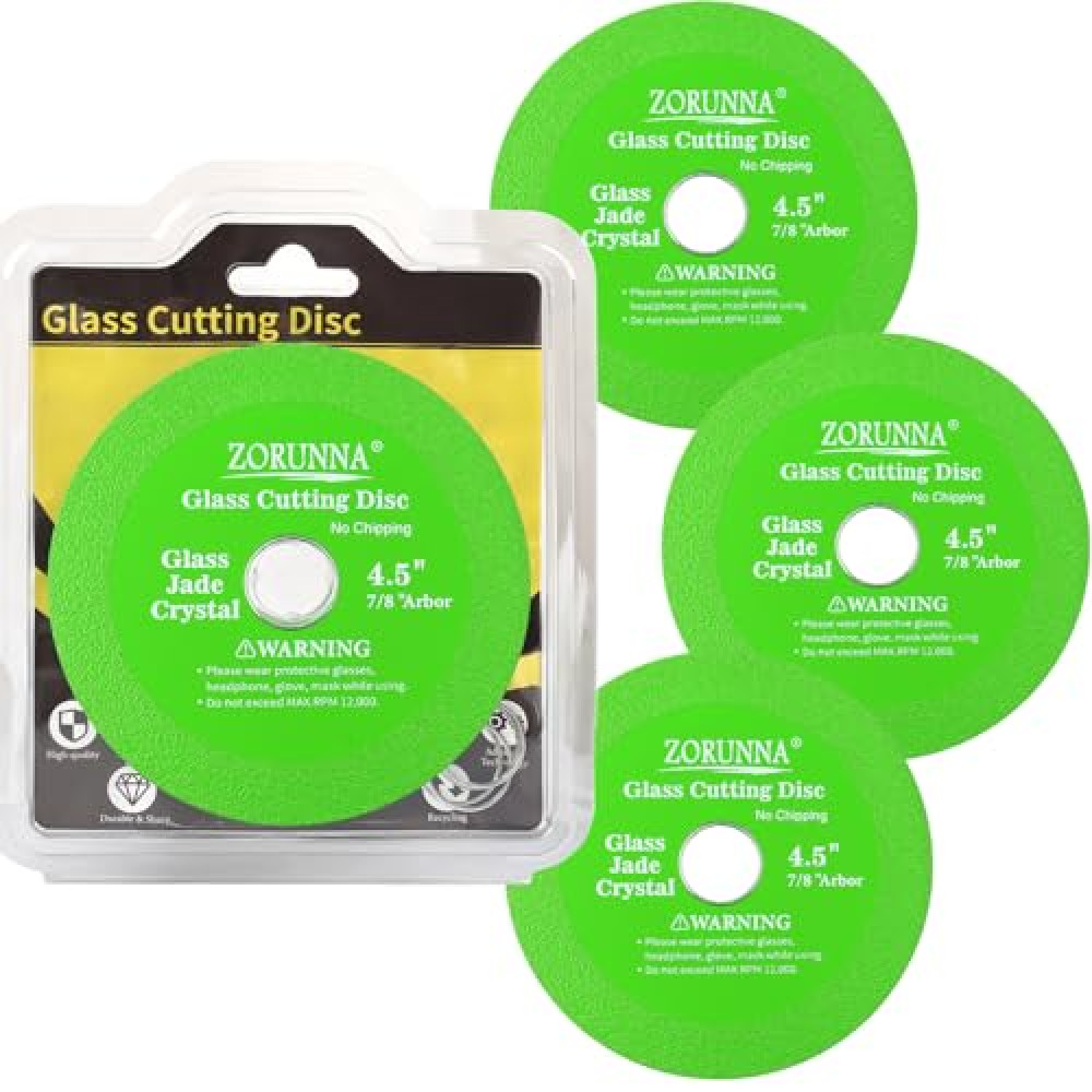 ZORUNNA Glass Cutting Disc for 4-1/2" Angle Grinder, 3 Pack Glass Cutter Blade, Green Diamond Cutting Blade Disc 7/8" (Model 115/125) for Grinding Glass, Jade, Crystal, Wine Bottles, Tile.