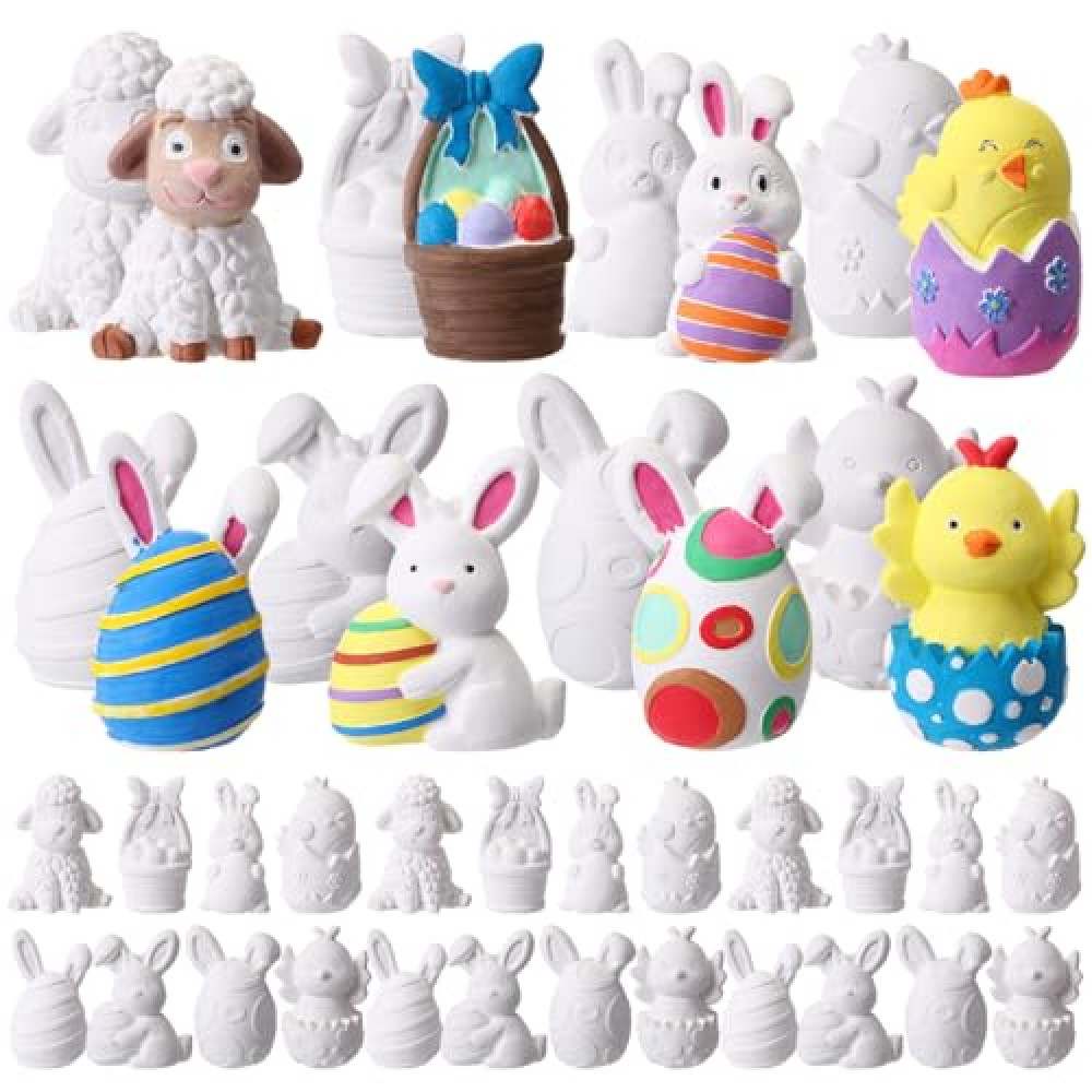 Zubebe 32 Pcs Easter Ceramic Painting Kit Ready to Paint Your Own Bunny Figurines 3D Ceramics Bunny Egg Chick Sheeps to Paint Easter Gifts Basket Stuffers for Kids Toddler DIY Arts Crafts
