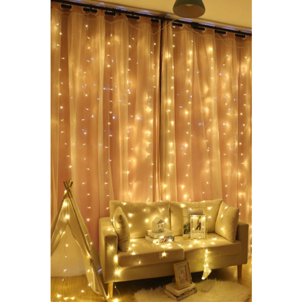 Züccaciye Market Perde Süsleme Ledi Peri Led 3m X 3m (300cm X 300 Cm) 300 Adet Led Işıklandırma Sarı (günışığı) Yaş Günü & Parti Fiyatı