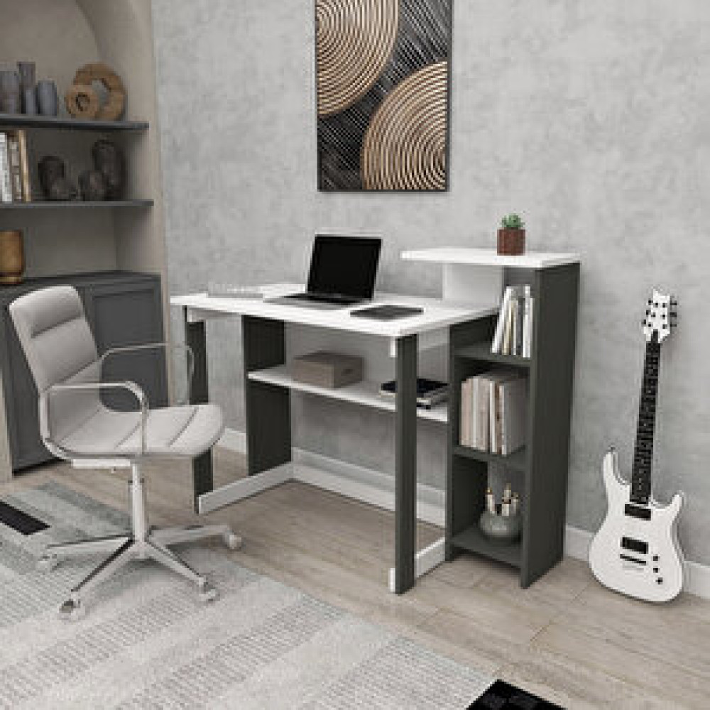 Zuesse Dizayn Lotus 5 Raflı Kitaplıklı Çalışma Masası Antrasit - Beyaz Bilgisayar Masası Fiyatı