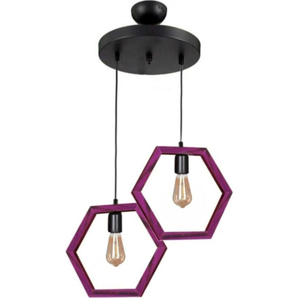 Zuhal Aydınlatma Mor Boyalı Ahşap 2li Hexagon Avize - 2'li Avize Fiyatı
