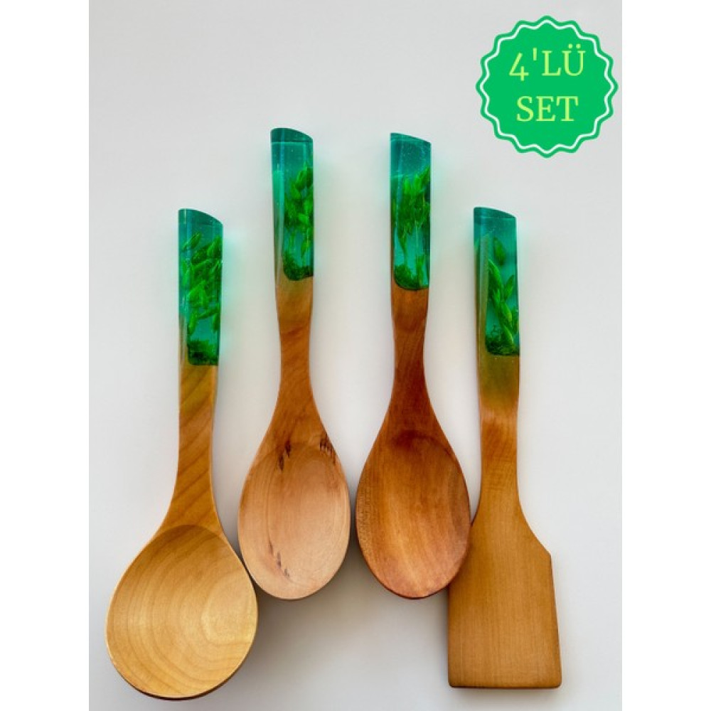 Zümrüt Serisi El Yapımı Bambu Kaşık Seti-Ahşap-Tahta Kaşık 4'lü Set / 2 Kaşık, Kepçe, Spatula - Yeşil Çatal / Kaşık / Bıçak Takımları Fiyatı
