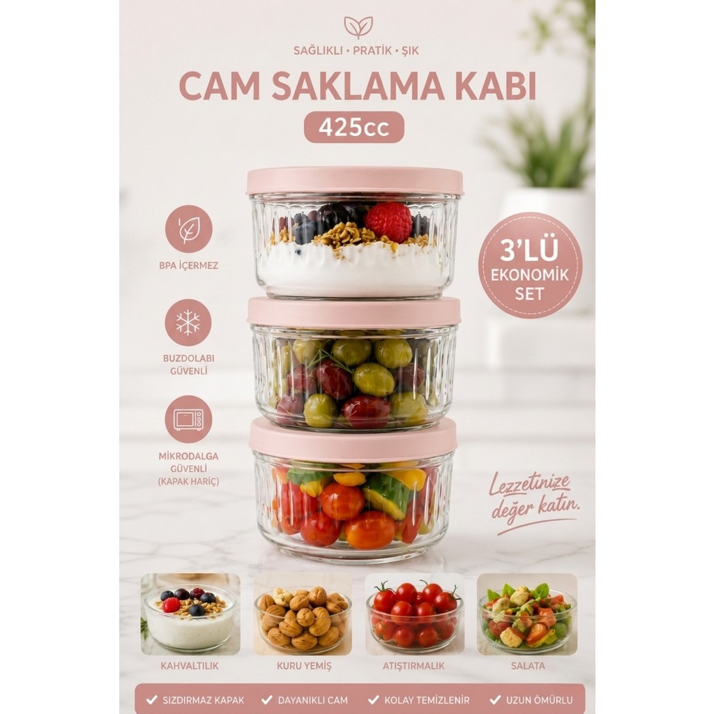 Zuri Design 3'lü Cam Saklama Kabı Kapaklı Şeffaf Cam Kavanoz Mutfak ve Buzdolabı Kullanımı Pudra 425 cc Eşya Saklama / Düzenleme Fiyatı