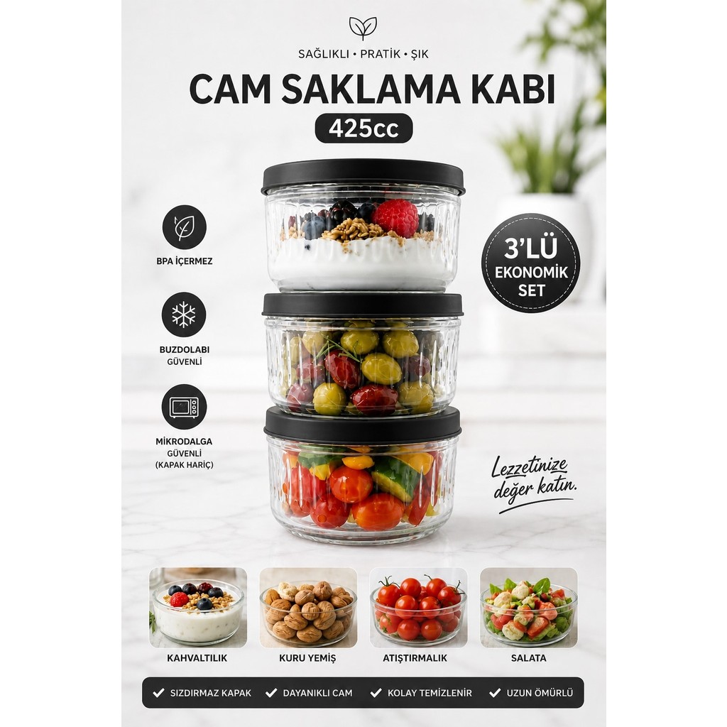 Zuri Design 3'lü Cam Saklama Kabı Kapaklı Şeffaf Cam Kavanoz Mutfak ve Buzdolabı Kullanımı Siyah 425 cc Eşya Saklama / Düzenleme Fiyatı