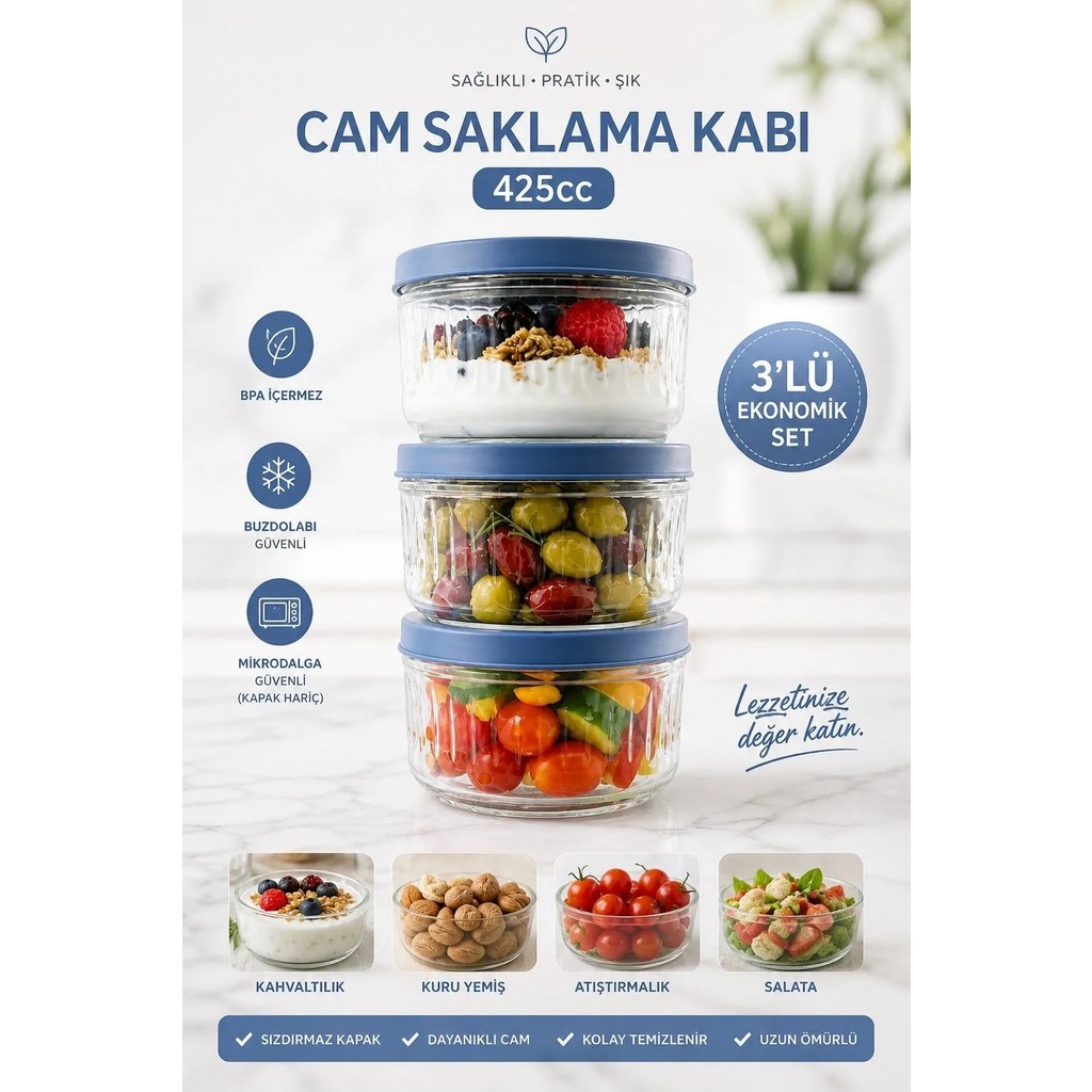 Zuri Design 3'lü Cam Saklama Kabı Kapaklı Şeffaf Cam Kavanoz Mutfak ve Buzdolabı Kullanımı Soft Mavi 425 cc Eşya Saklama / Düzenleme Fiyatı