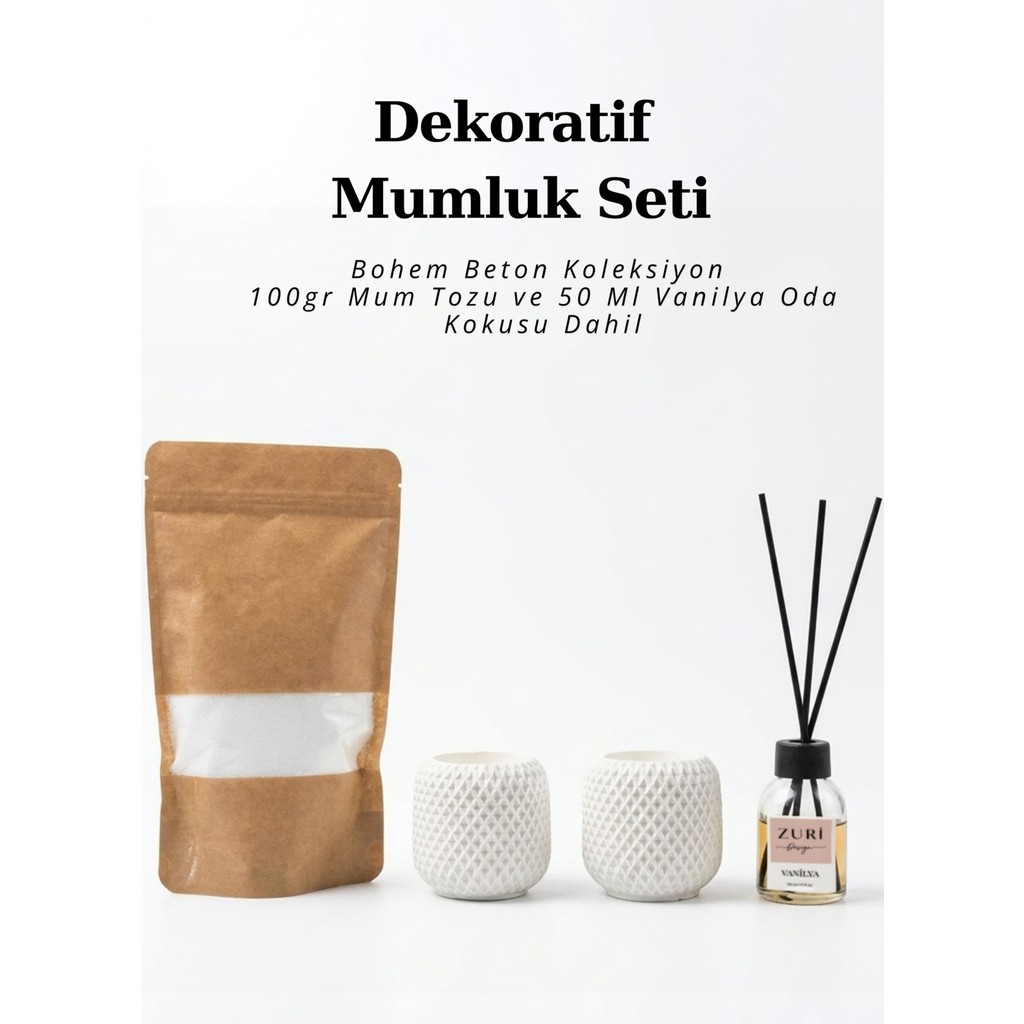 Zuri Design Modern Dekoratif Beton Biblo Mumluk Seti - Beyaz File Dokulu Tasarım + 100 gr Mum Tozu Hediyeli Biblo Fiyatı