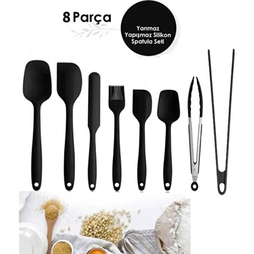 Zuzu Made 8 Parça Isıya Dayanıklı Yanmaz Yapışmaz Çizmez Silikon Kaşık Spatula Fırça Maşa Seti Siyah Renk Mutfak Gereçleri Fiyatı