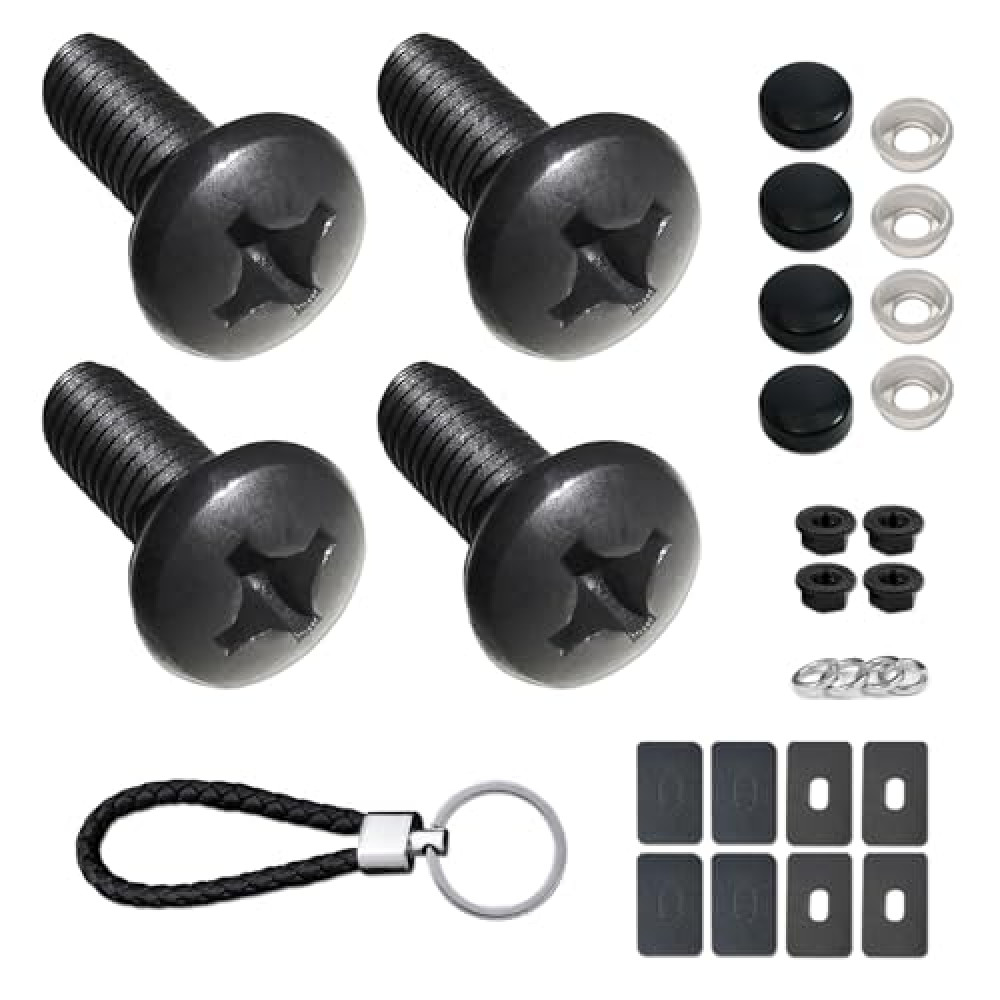 ZXFOOG Black License Plate Screws- Rustproof Stainless Steel Car Tag Bolts, M6X16mm (1/4" X5/8") Fasteners Hardware- Phillips Machine Bolts Nuts Caps for Mounting Front or Rear Frame